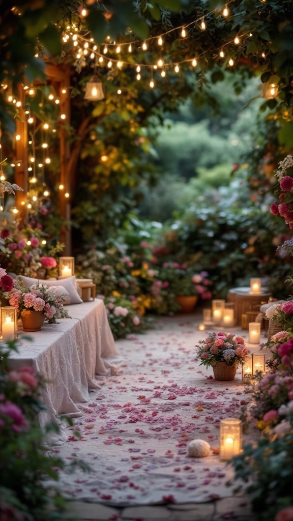 An enchanting garden setting for a bridal shower, featuring flowers, candles, and fairy lights.