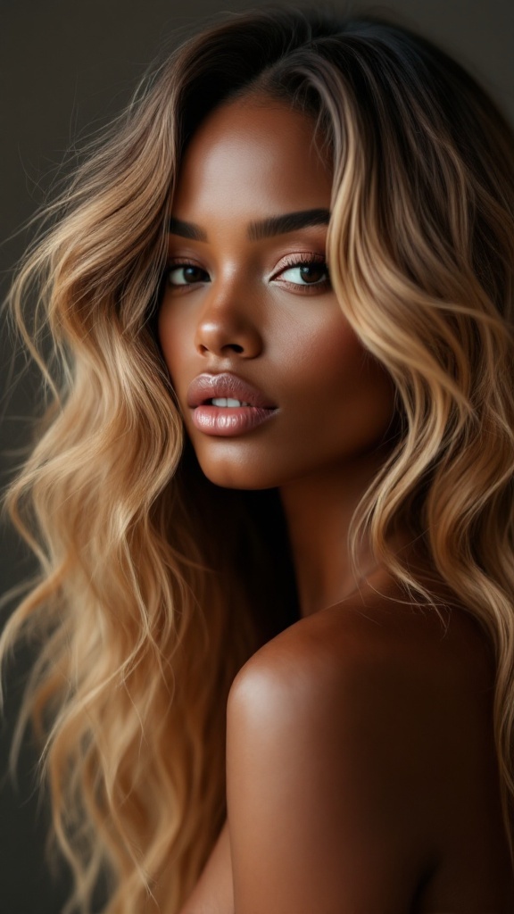 A woman with honey blonde layered hair, featuring face framing layers that enhance her features against a dark skin tone.