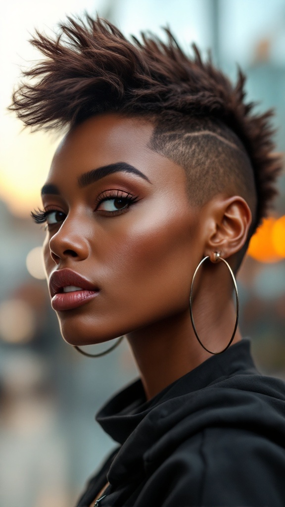 A close-up of a woman showcasing a faux hawk hairstyle with short sides and textured top, wearing bold makeup and large hoop earrings.