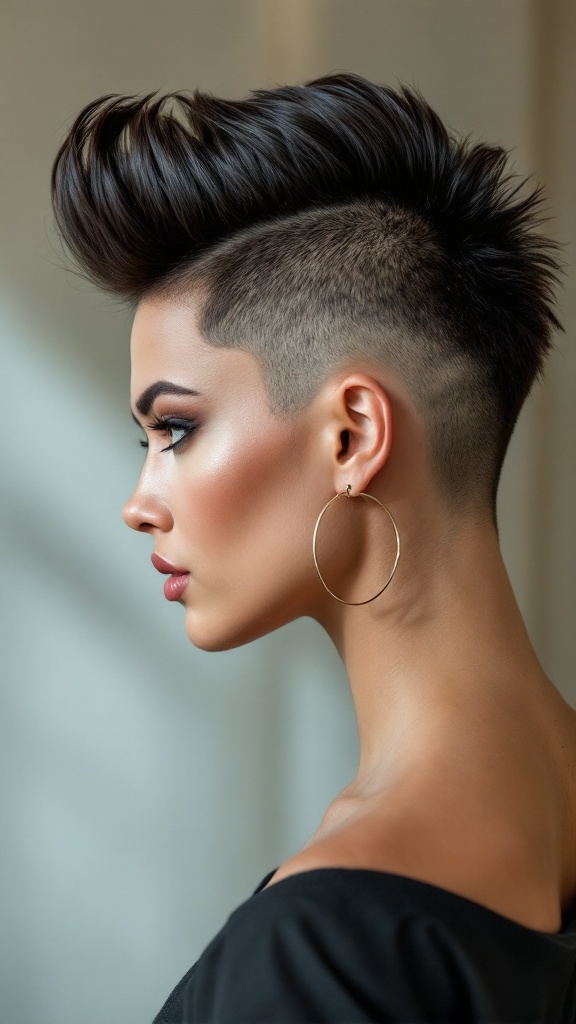 A stylish faux hawk hairstyle featuring tapered sides, highlighting the hair's volume and unique shape.