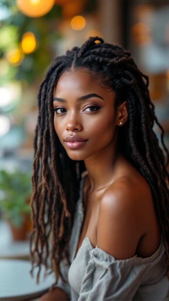 A young woman with faux locs, soft makeup, and a stylish off-shoulder outfit, showcasing a chic hairstyle in a cafe setting.