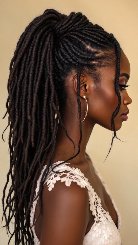 Profile view of a woman with faux locs styled into a high ponytail, wearing a wedding dress.