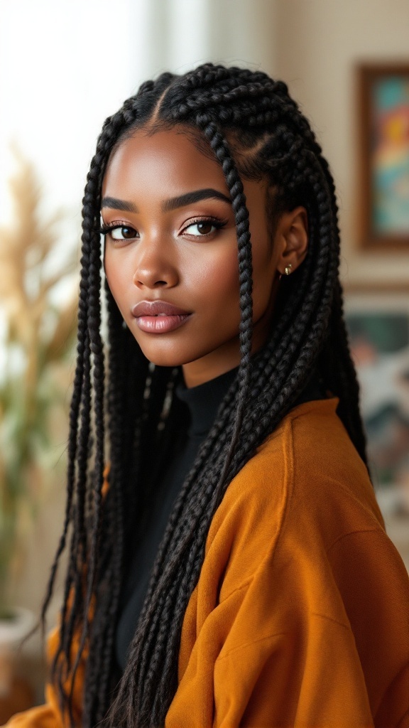 A young woman with feed-in braids, wearing a warm-colored sweater, showcasing a polished hairstyle.