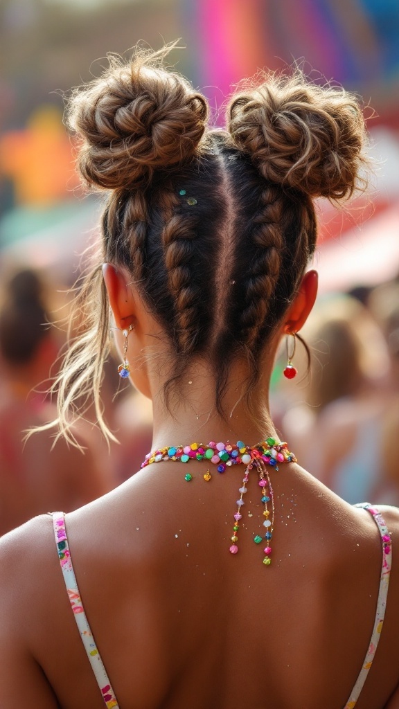 A person with space buns hairstyle and braided hair, adorned with glitter and colorful accessories, at a festival.