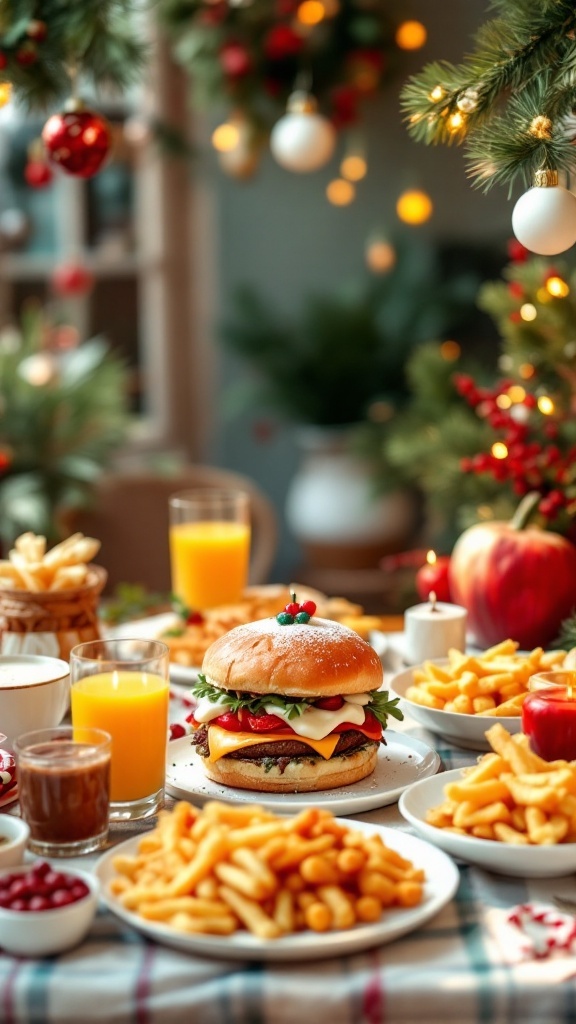 A festive brunch setup featuring a burger, fries, and cheerful holiday decorations.