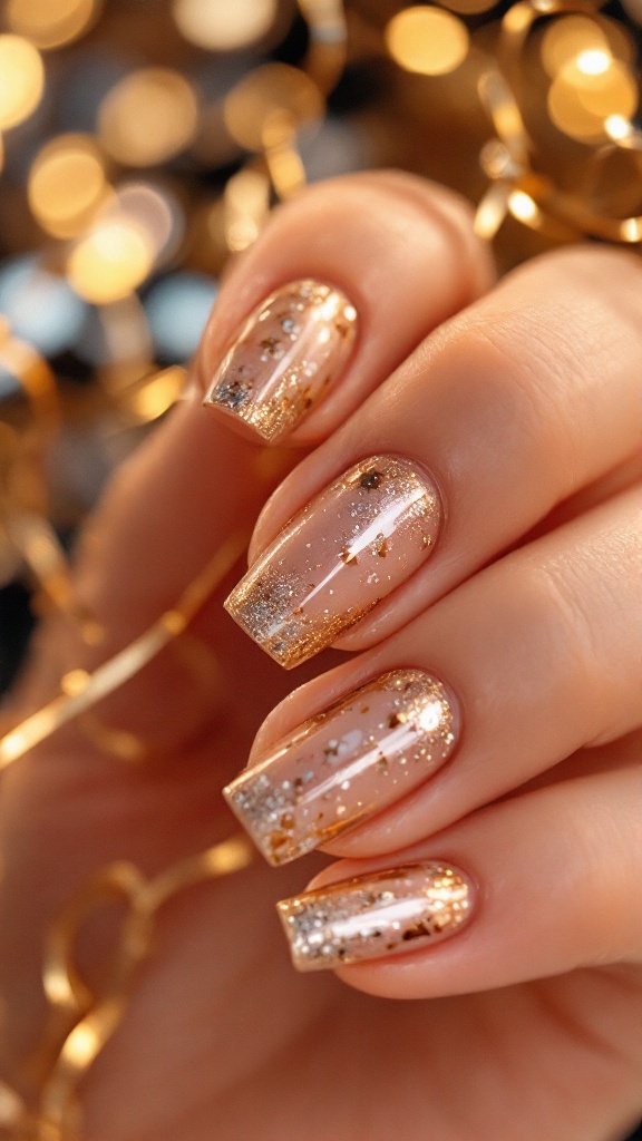 Nails with metallic accents in gold and silver on a nude base, perfect for birthday celebrations.