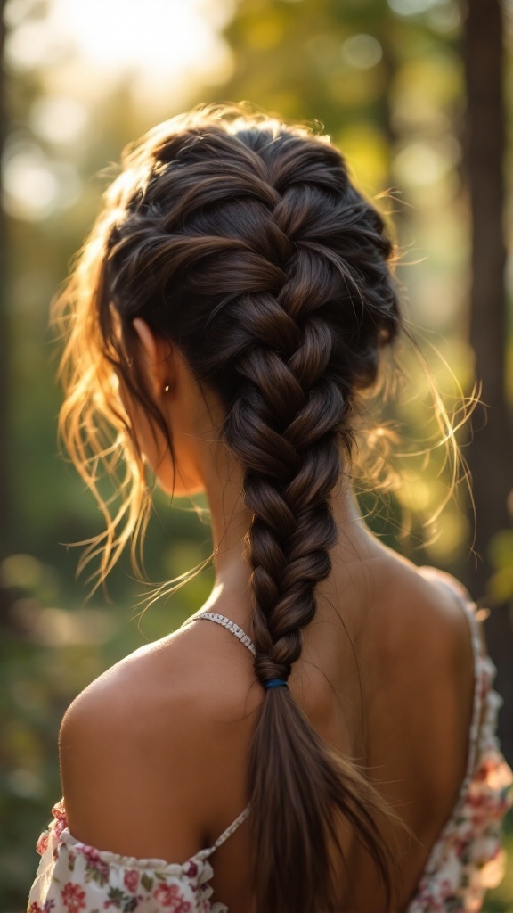 A young woman with a beautiful fishtail braid in her hair, set against a natural backdrop.