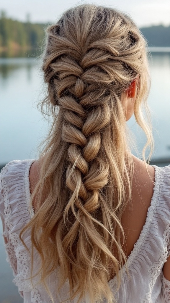 A fishtail braid half updo hairstyle with flowing waves, suitable for bridesmaids.