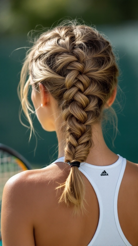 A young woman with a fishtail braid side ponytail, showcasing a sporty and stylish look.