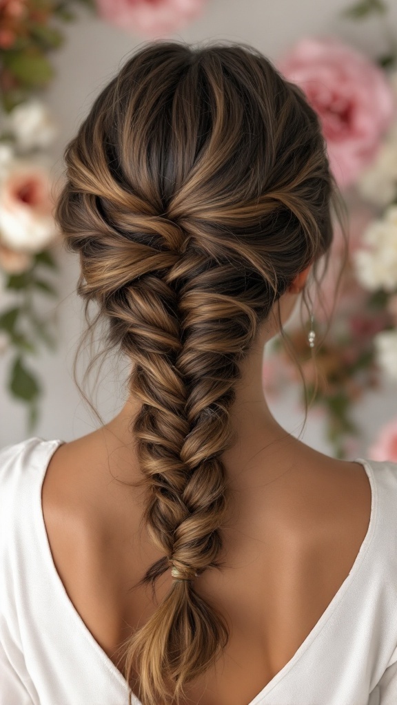 A close-up of a fishtail braid updo hairstyle for long hair, styled elegantly with soft waves.