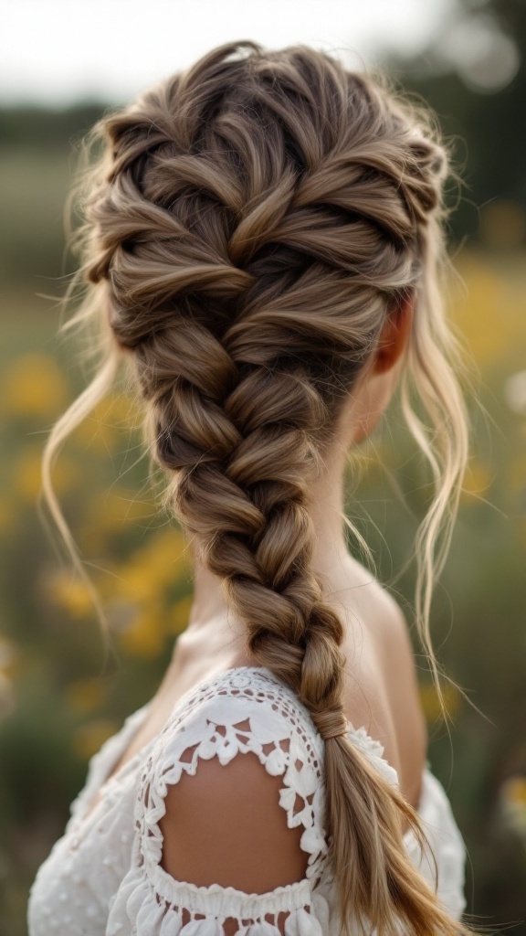 A woman with a fishtail braid updo, showcasing an intricate braid style with loose strands framing her face.