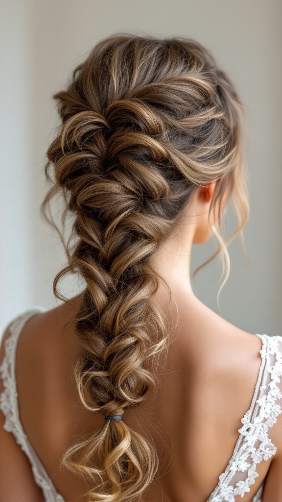 A fishtail braid hairstyle featuring soft curls at the ends, perfect for a wedding.