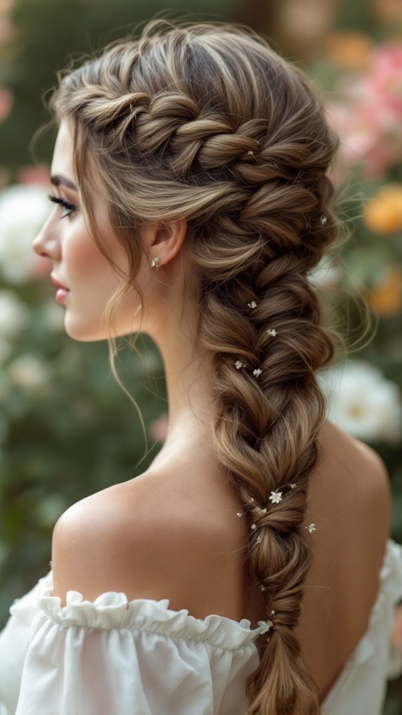 A woman with a fishtail braid adorned with small white flowers, wearing a high neck dress