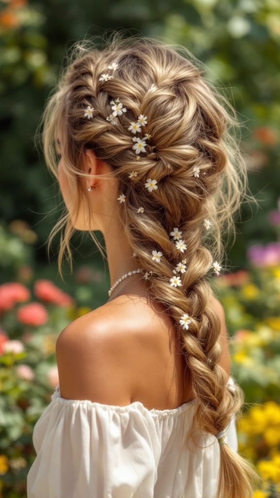 A fishtail braid hairstyle with floral accents, showcasing intricate weaving and small white flowers.
