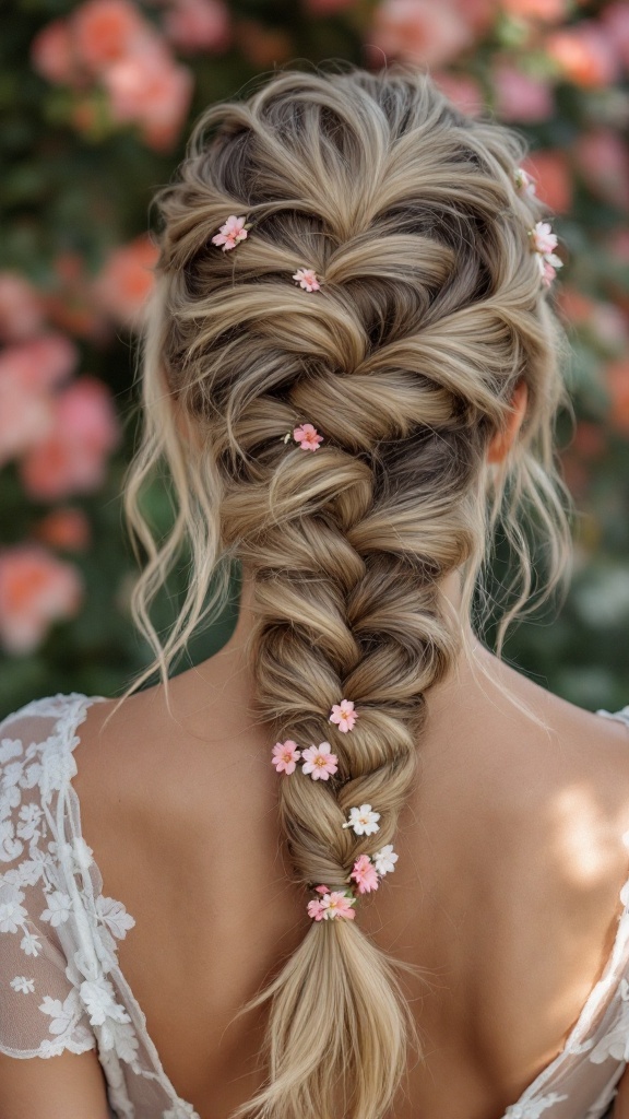 A fishtail braid hairstyle adorned with small pink flowers, showcasing a romantic bridal look.
