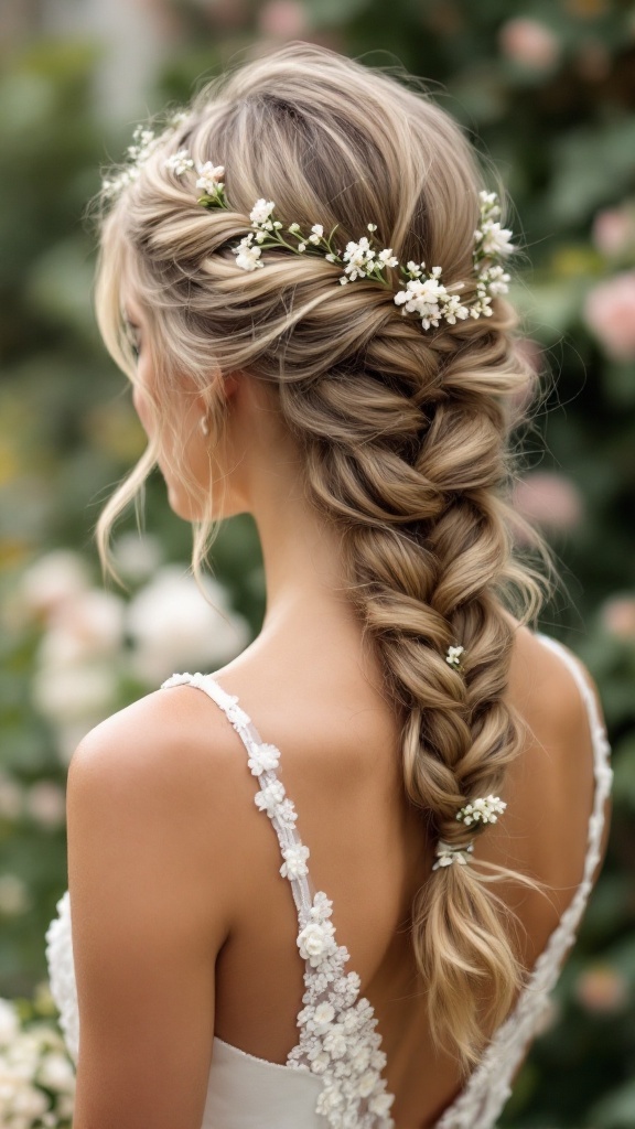 A fishtail braid hairstyle with flowers for bridesmaids, complementing a one-shoulder dress.