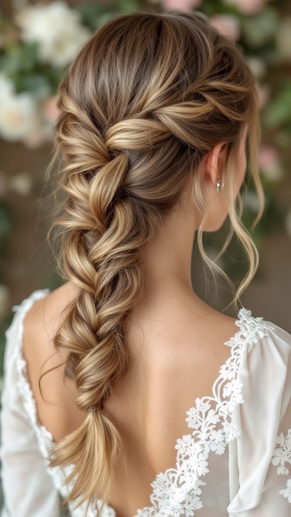 A beautiful fishtail braid hairstyle with lace details on a wedding dress.