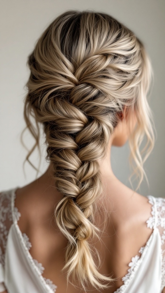 A close-up of a fishtail braid hairstyle with loose texture, styled on shoulder-length hair.