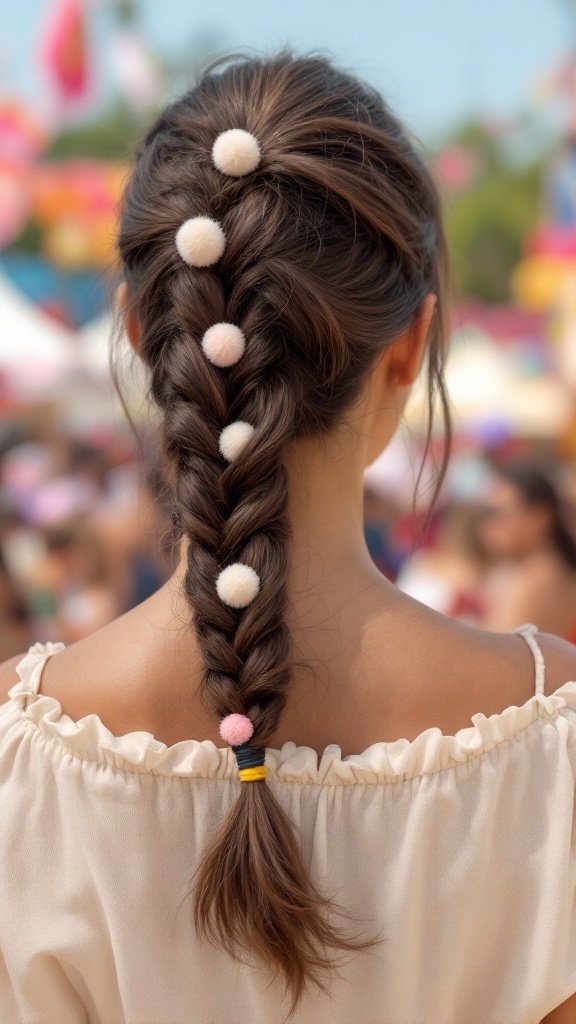 A fishtail braid adorned with colorful pom-poms, showcasing a playful summer hairstyle.