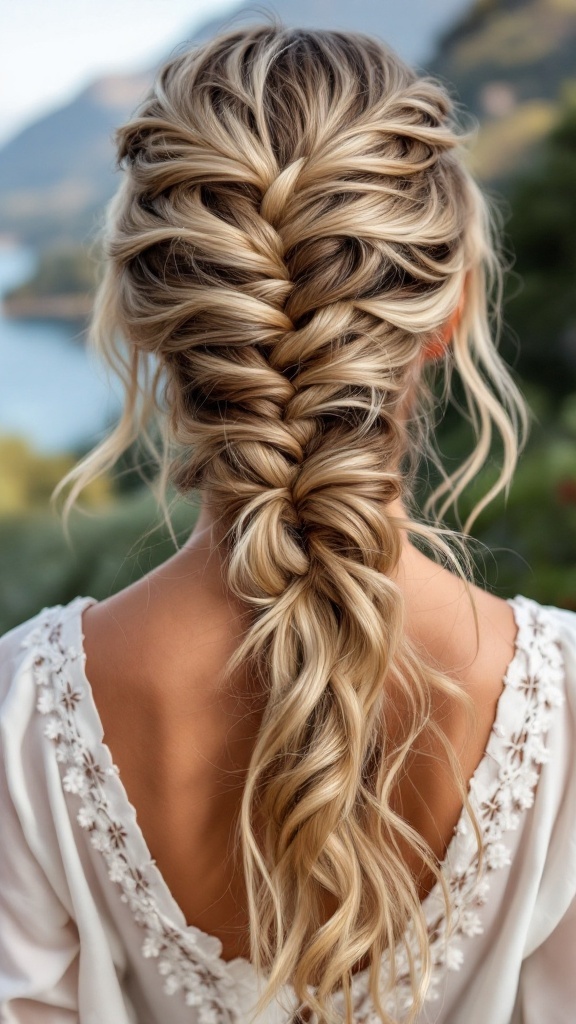A fishtail braid with soft waves on medium-length hair.