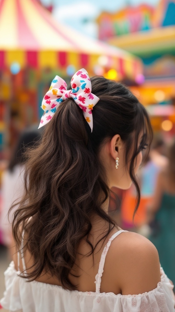 A young woman with a high ponytail secured with a colorful bow, showing a playful hairstyle.
