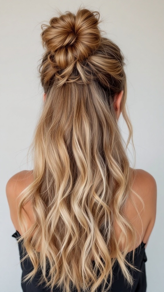 A woman with a half-up top knot hairstyle, featuring soft waves and a stylish bun