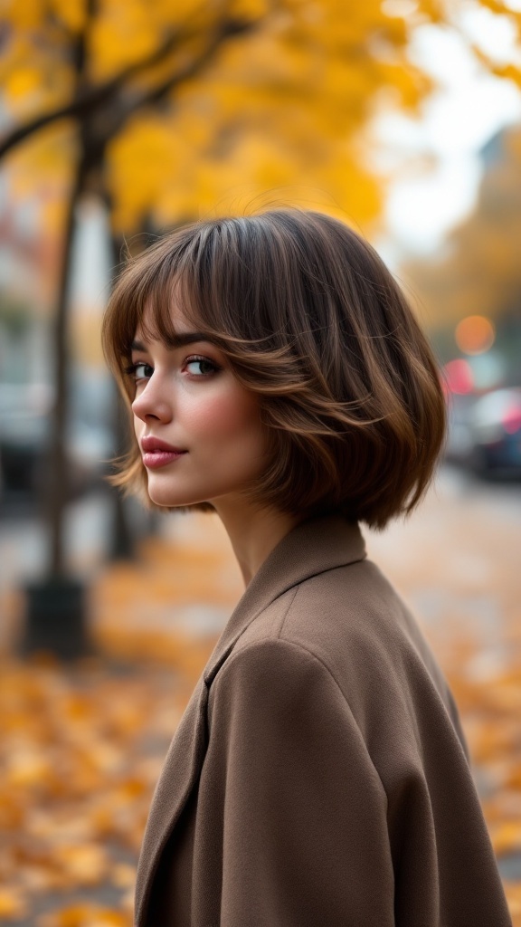 A young woman with a flirty layered bob and side bangs, standing in an autumn setting with yellow leaves.