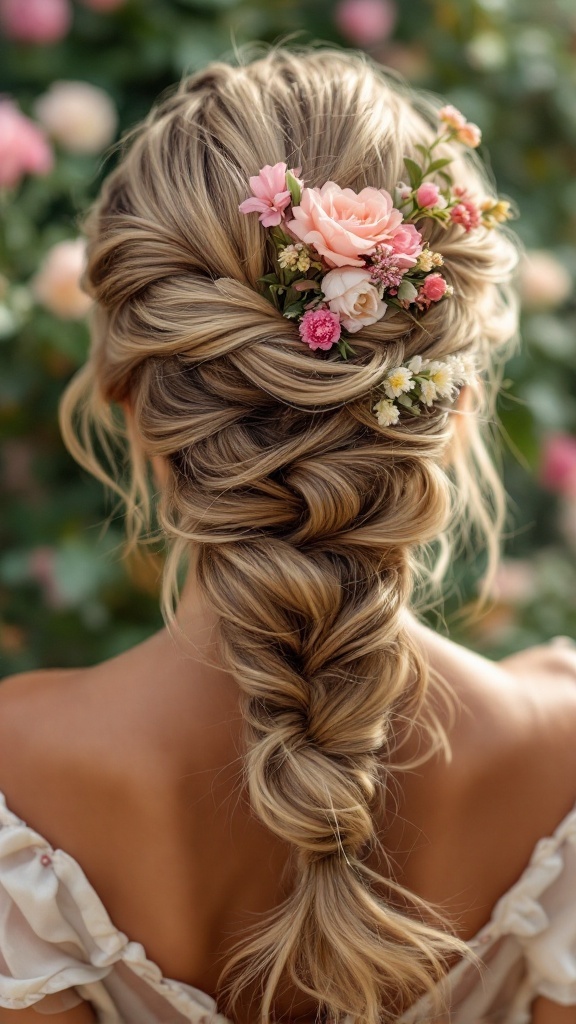 A beautiful floral-infused twisted updo hairstyle featuring delicate flowers and elegant twists, ideal for bridesmaids with long hair.