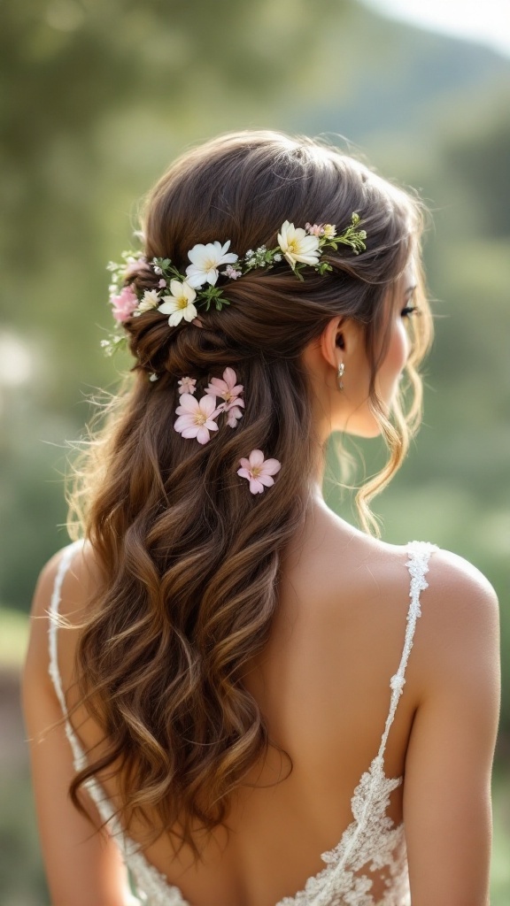 Bride with half up half down hairstyle adorned with floral accents