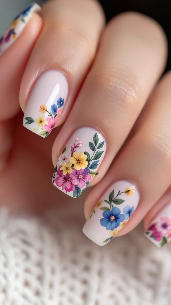 Close-up of hands with floral nail art on a white background.