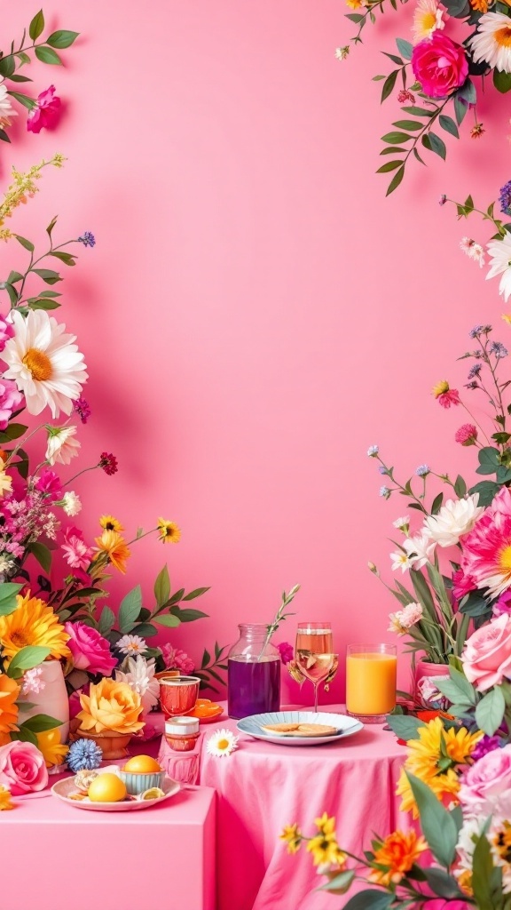 A vibrant bridal shower setup with a pink backdrop and colorful flowers, featuring a table with drinks and snacks.
