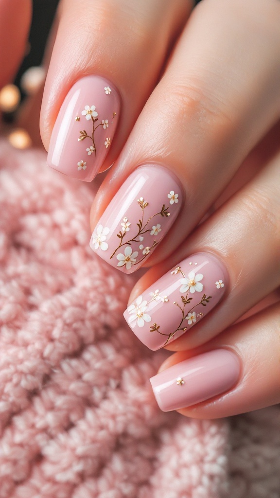 A close-up of manicured nails featuring a soft pink base with floral designs and gold embellishments.