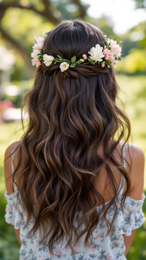 A young girl with loose waves in her hair, adorned with a floral headband, standing in a sunny outdoor setting.