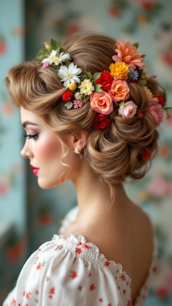 A woman with medium hair styled in a floral pin-up updo, featuring soft curls and various colorful flowers.