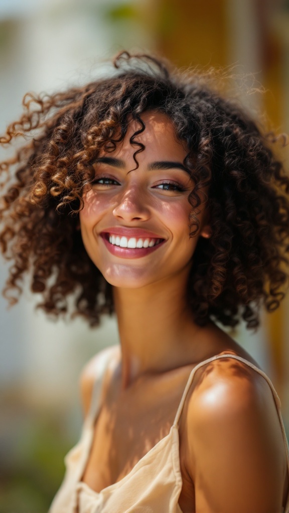 A smiling young woman with fluffy curly hair wearing a light-colored top.