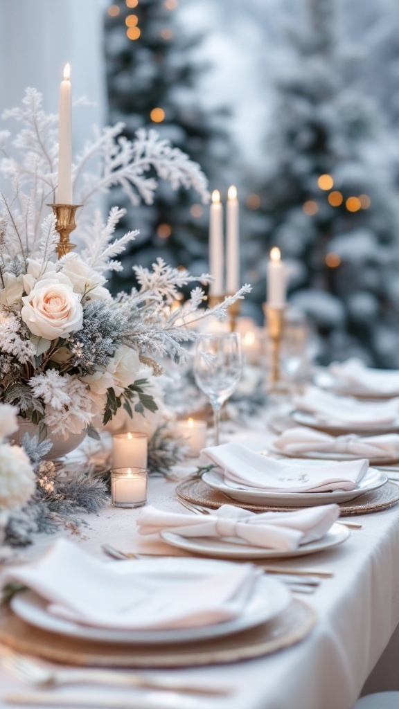 A beautifully arranged winter bridal shower table with white floral centerpieces, candles, and elegant tableware.