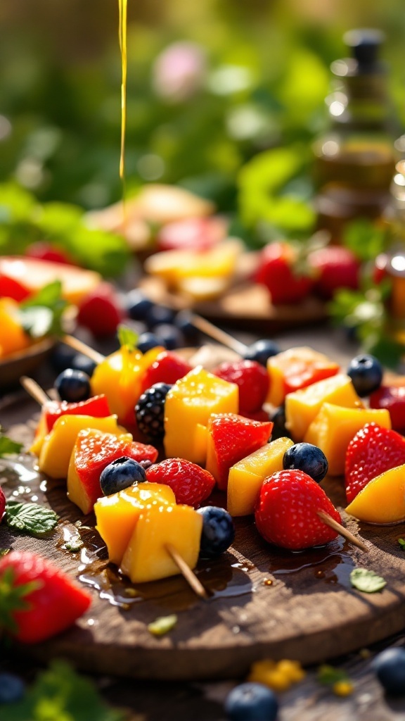 Colorful fruit skewers with mango, strawberries, blueberries, and honey drizzle