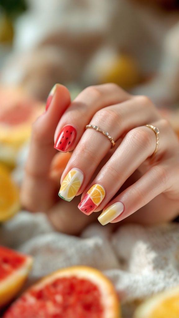 Nail art featuring fruit slices, including watermelon and lemon designs, with colorful nail polish.