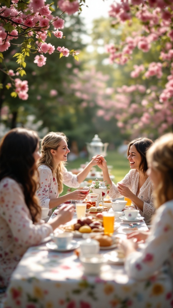 A cheerful scene of women enjoying a tea party under pink flowering trees, with a table full of treats and drinks.