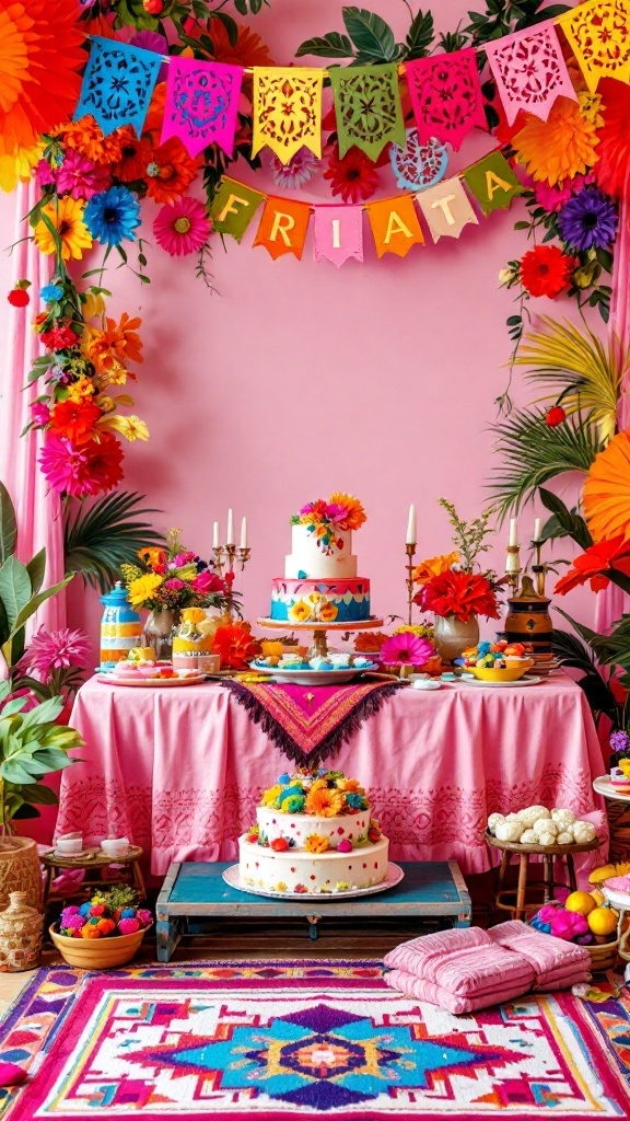 Colorful garden fiesta bridal shower setup with flowers, cake, and decorations