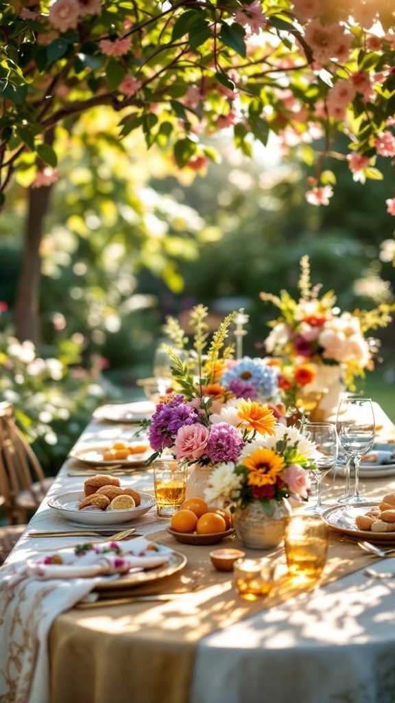 A beautifully set garden party table for a bridal shower with flowers, fruits, and pastries.