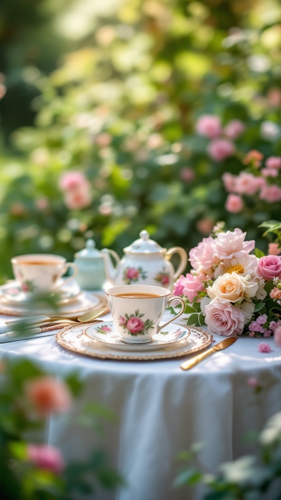 A beautifully set table for a garden tea party featuring delicate china, a teapot, and a bouquet of pink roses.