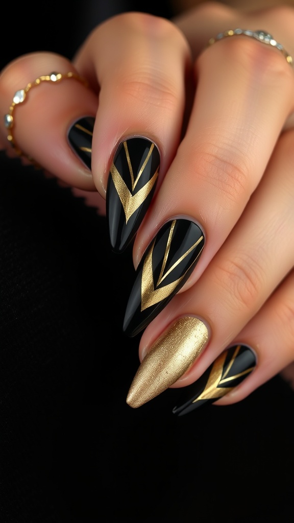 Gold geometric patterns on a black background