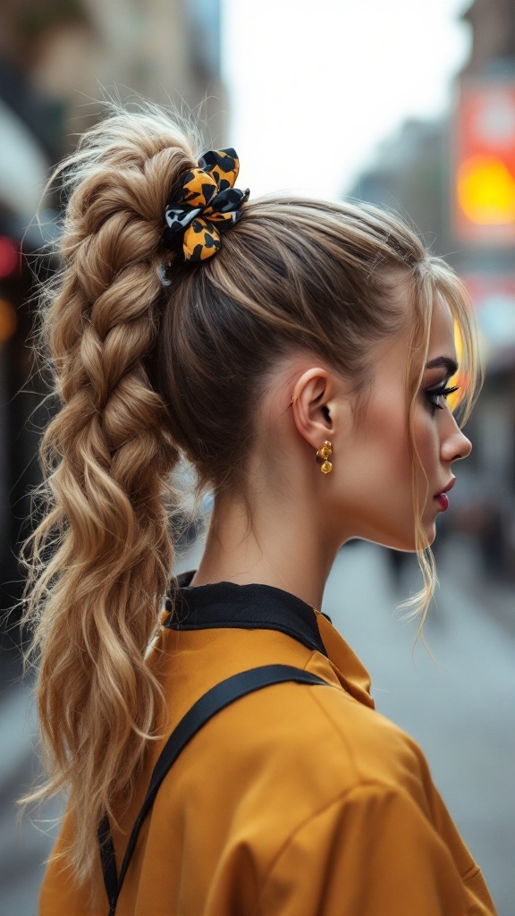 A stylish geometric ponytail with a braid and a patterned scrunchie