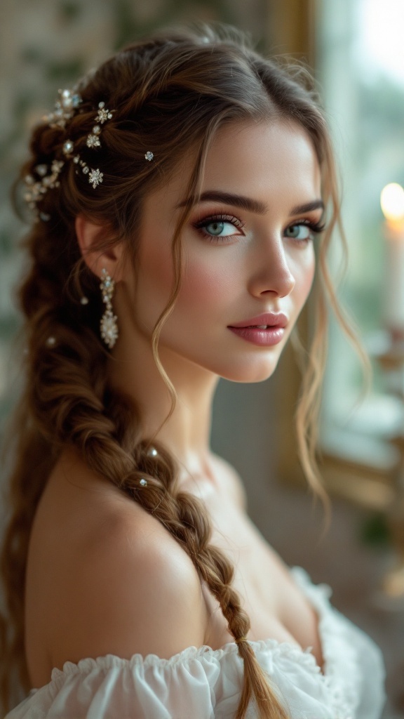 A bride with a braided half-up hairstyle adorned with jewels, showcasing elegance and beauty.