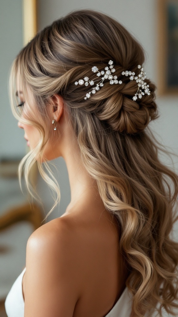 A woman with half up half down hairstyle decorated with hair accessories
