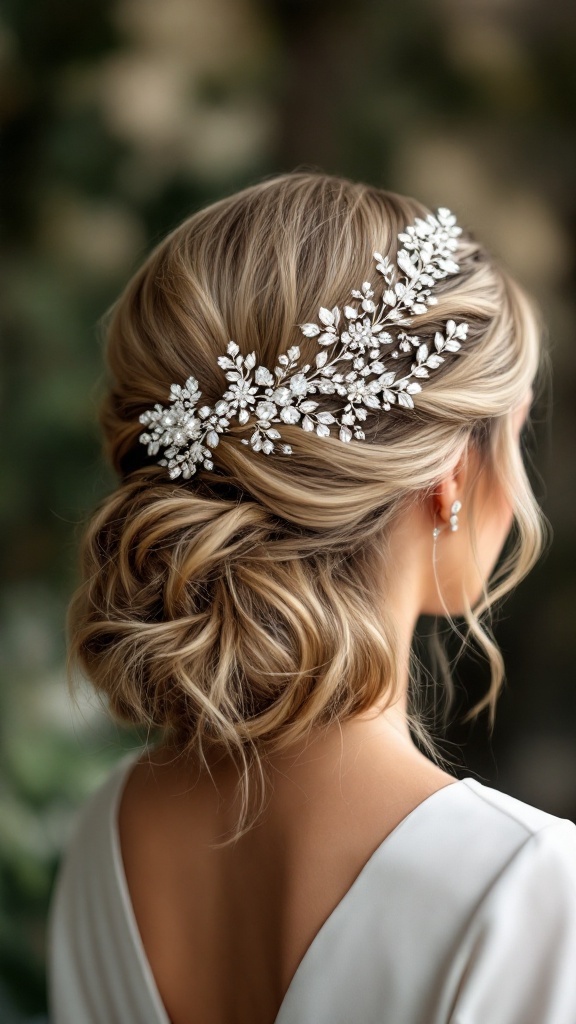 A half up half down wedding hairstyle featuring soft waves and sparkling crystal accessories.