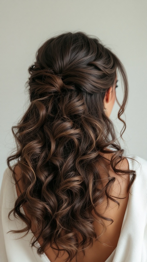 A half up half down hairstyle featuring curls and volume.