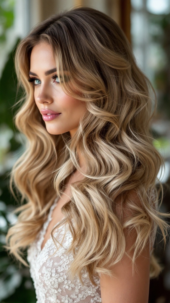A woman with medium-length hair styled in glamorous Hollywood waves, showcasing soft curls and a sophisticated look.