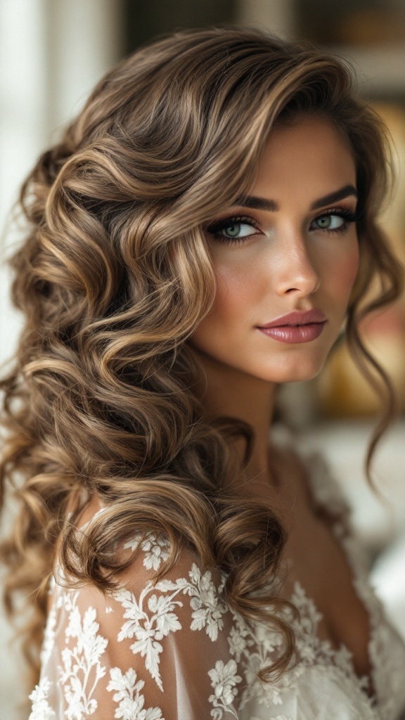 A bride with glamorous Hollywood waves and soft makeup